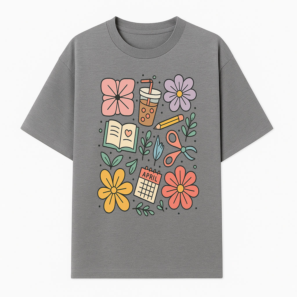 Colorful Spring Doodles Print - Flowers, Book, Scissors, Calendar - April Theme - Cute Stationery Decor - Wall Art for Home or Office - T-shirt 1758093362222.jpg