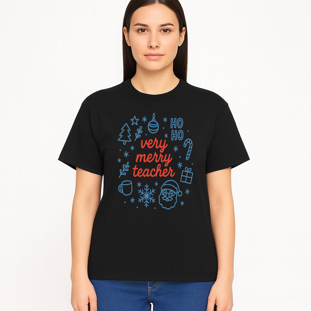 Very Merry Teacher Christmas Design - Festive Holiday Gift, Teacher Appreciation, Cute Santa, and Winter Elements - T-shirt 1758093362256.jpg