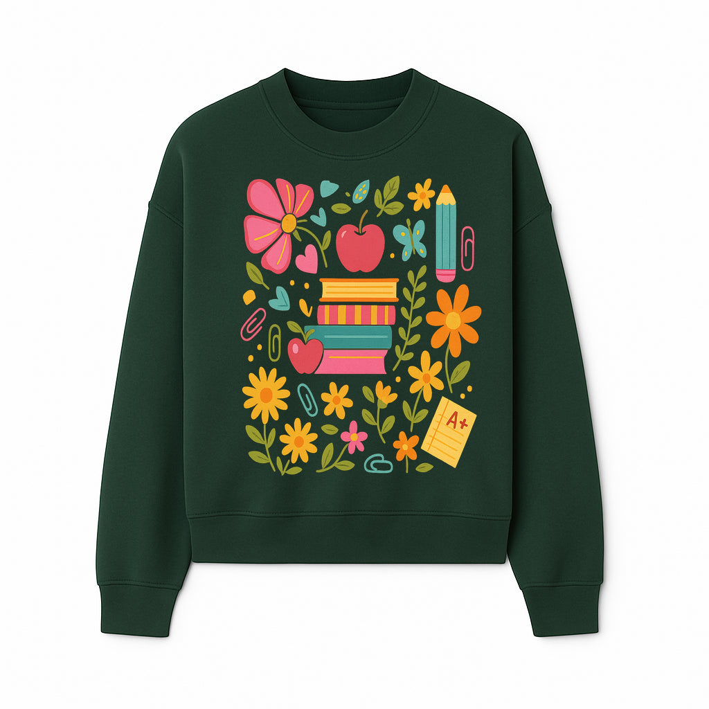 Colorful Back-to-School Illustration with Books, Flowers, and Apples, Perfect for Classroom Decor or Stationery - Sweatshirt 1758093362329.jpg