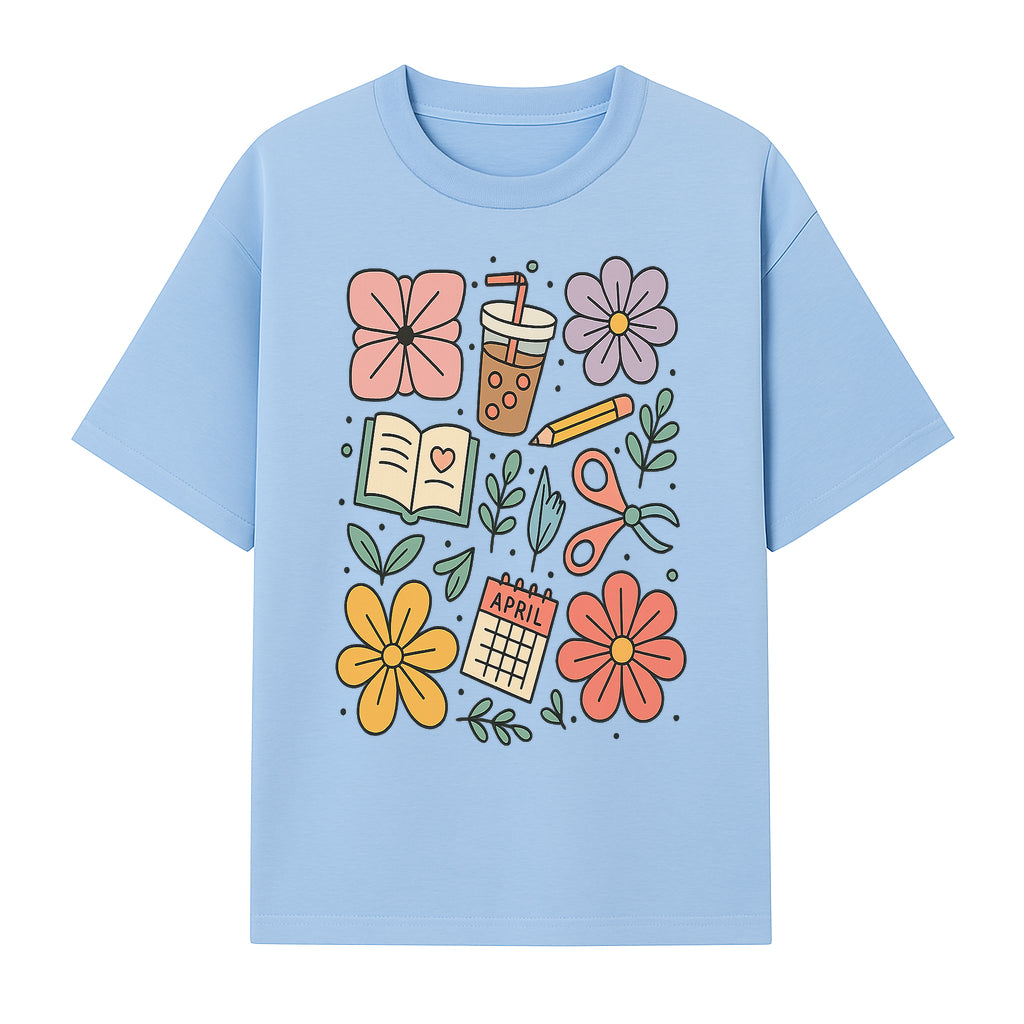 Colorful Spring Doodles Print - Flowers, Book, Scissors, Calendar - April Theme - Cute Stationery Decor - Wall Art for Home or Office - T-shirt 1758093362424.jpg