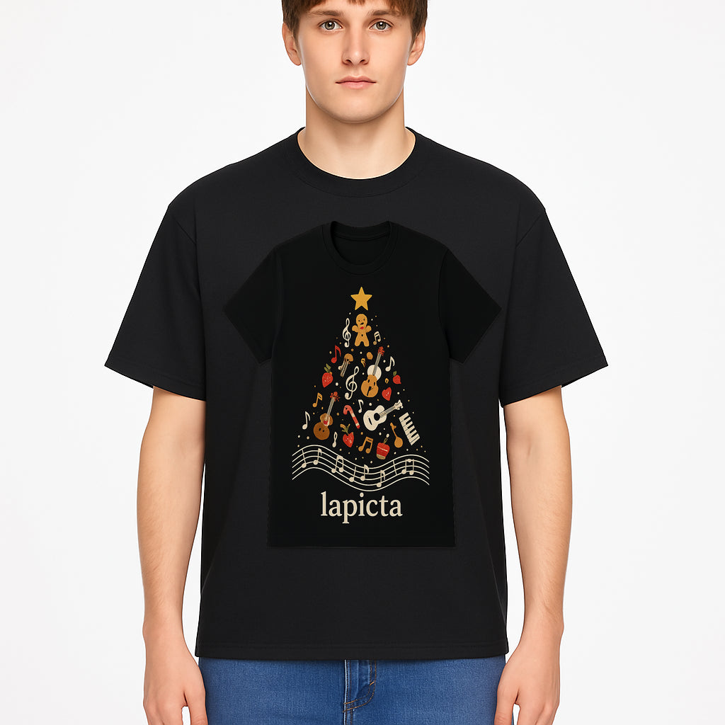 Music-Themed Christmas Tree T-Shirt, Musical Notes & Gingerbread Design, Holiday Apparel for Music Lovers, Casual Festive Tee - T-shirt 1758093362470.jpg