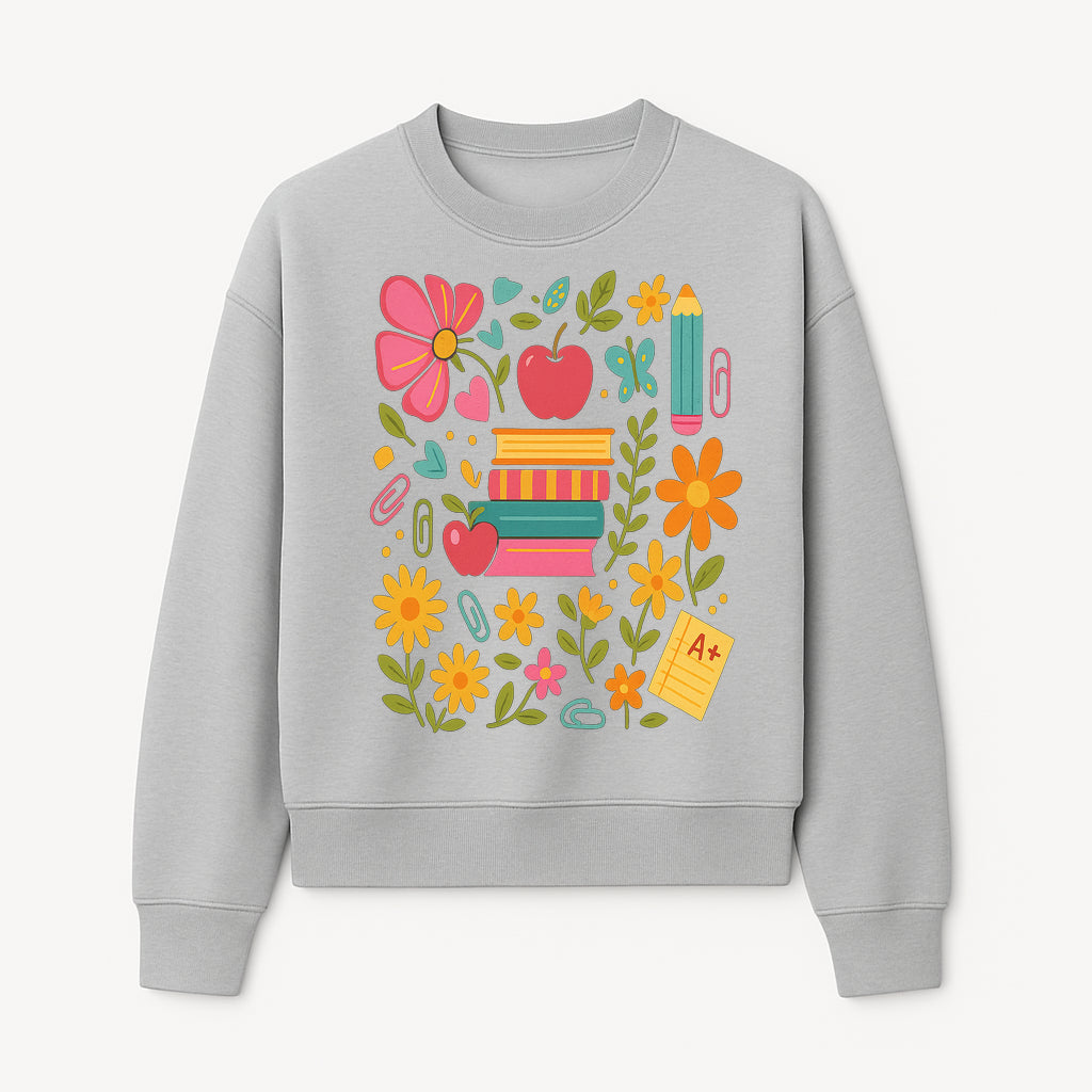 Colorful Back-to-School Illustration with Books, Flowers, and Apples, Perfect for Classroom Decor or Stationery - Sweatshirt 1758093362494.jpg