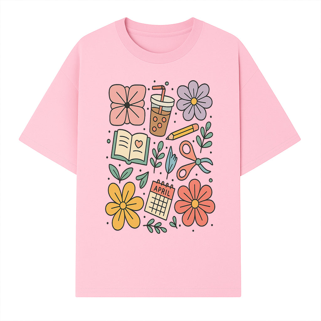 Colorful Spring Doodles Print - Flowers, Book, Scissors, Calendar - April Theme - Cute Stationery Decor - Wall Art for Home or Office - T-shirt 1758093362594.jpg