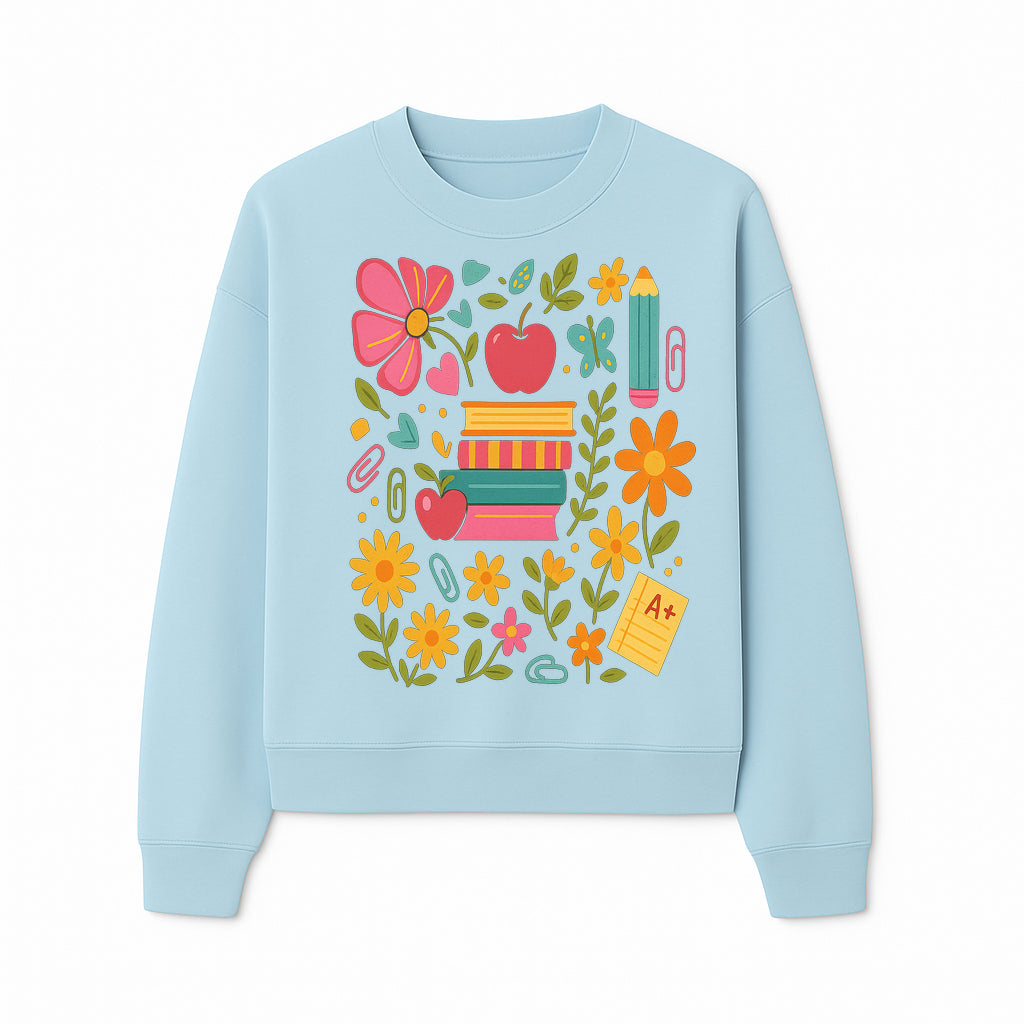 Colorful Back-to-School Illustration with Books, Flowers, and Apples, Perfect for Classroom Decor or Stationery - Sweatshirt 1758093362684.jpg