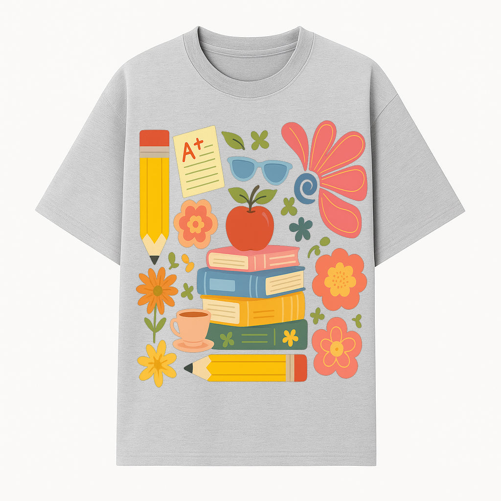 Back to School Art Print - Colorful Books, Apple, Pencils, Flowers, A+ Note - Classroom Decor, Study Zone, Education Gift - T-shirt 1758093362708.jpg