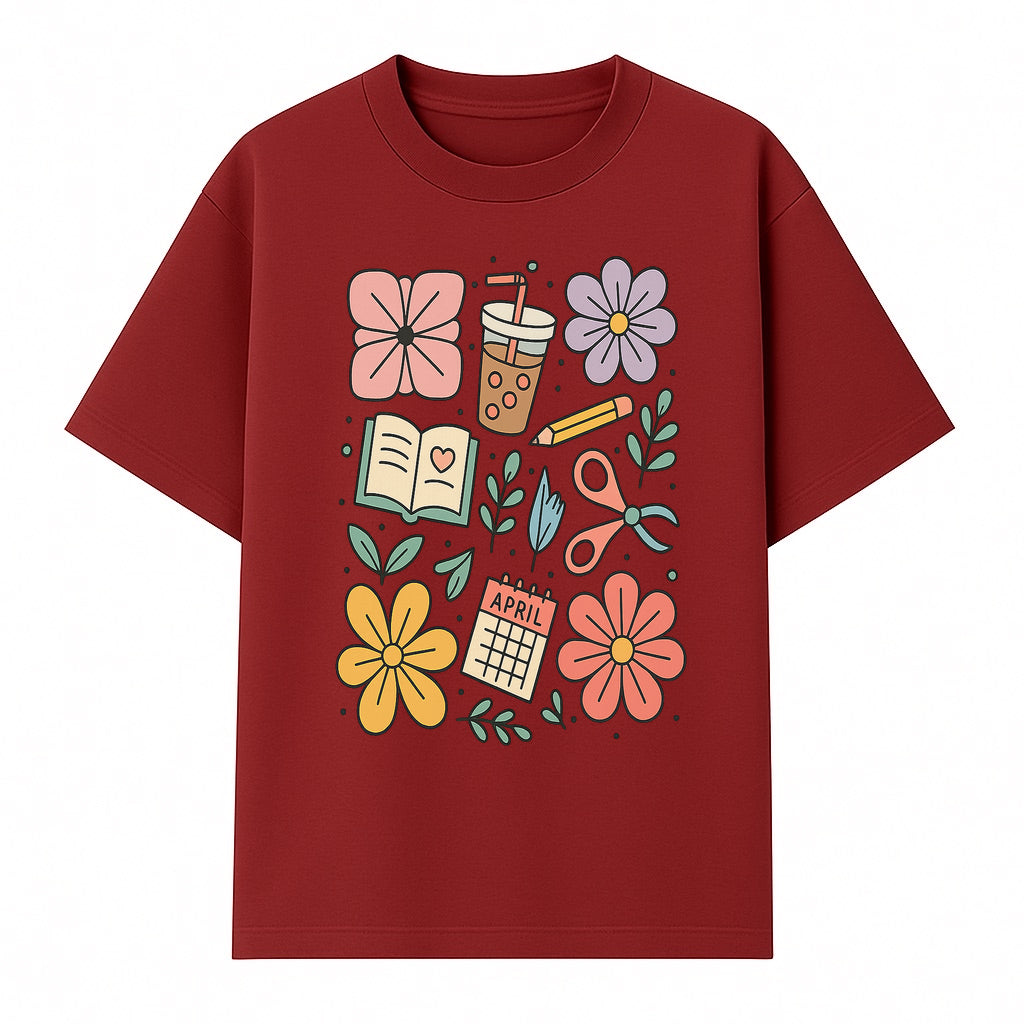 Colorful Spring Doodles Print - Flowers, Book, Scissors, Calendar - April Theme - Cute Stationery Decor - Wall Art for Home or Office - T-shirt 1758093362750.jpg