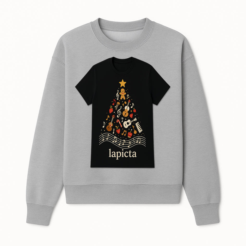 Music-Themed Christmas Tree T-Shirt, Musical Notes & Gingerbread Design, Holiday Apparel for Music Lovers, Casual Festive Tee - Sweatshirt 1758093362826.jpg