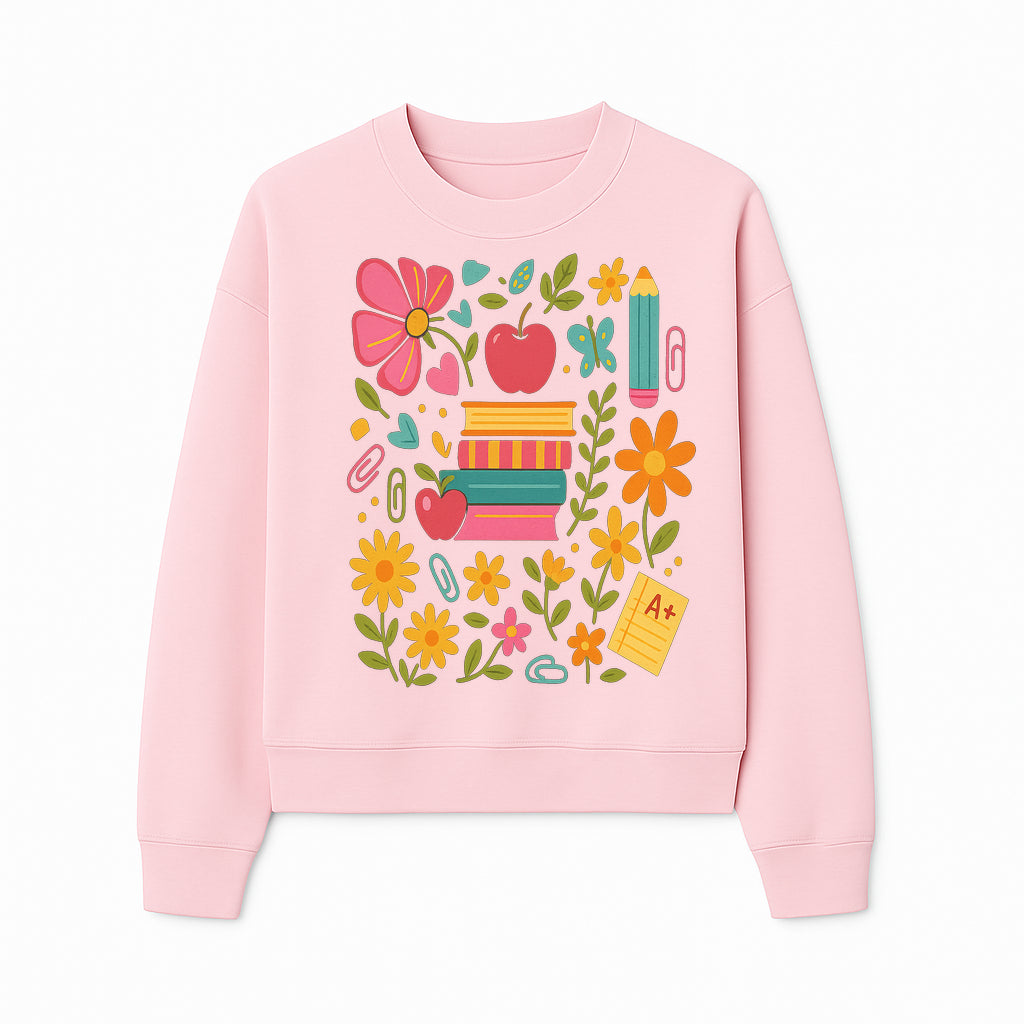 Colorful Back-to-School Illustration with Books, Flowers, and Apples, Perfect for Classroom Decor or Stationery - Sweatshirt 1758093362886.jpg
