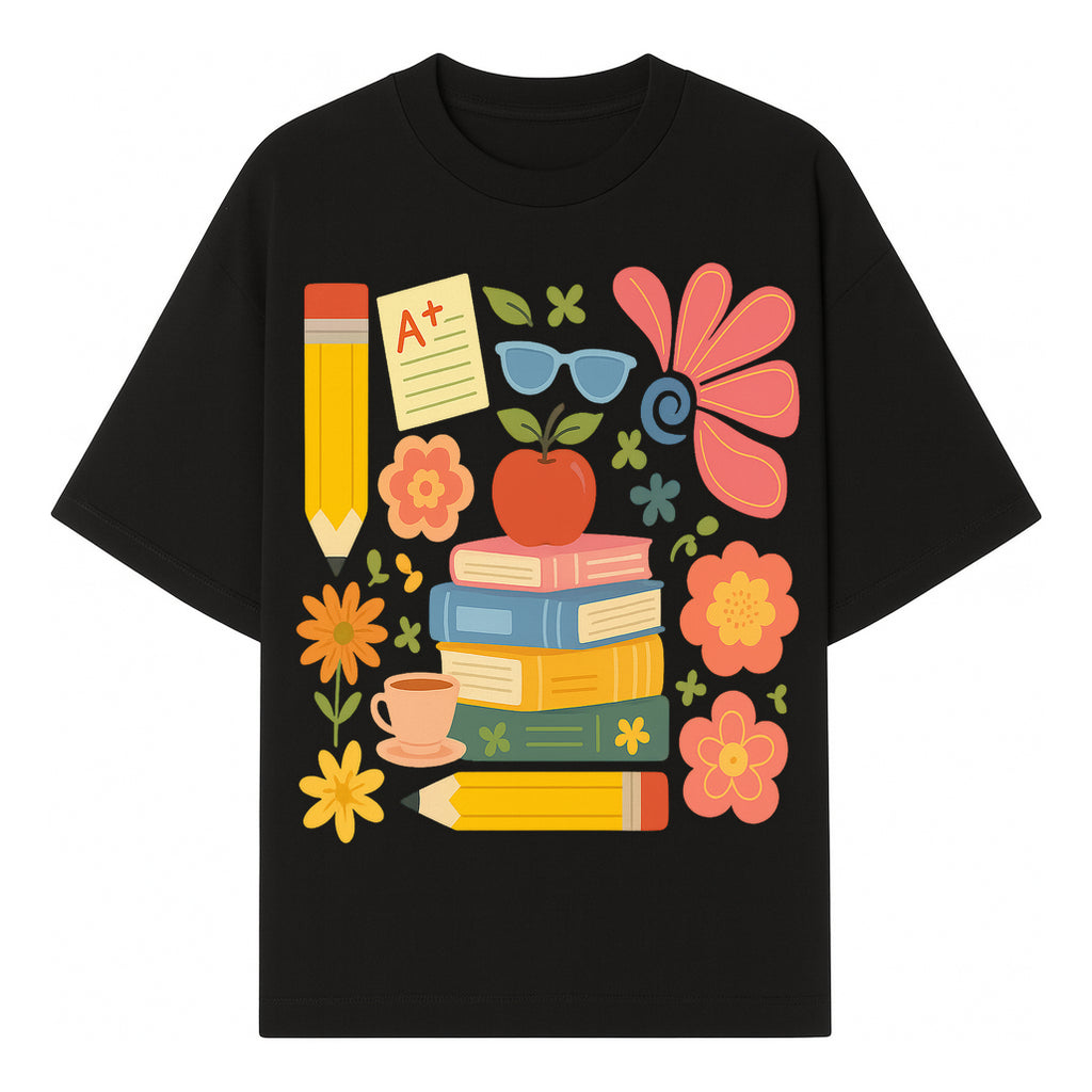 Back to School Art Print - Colorful Books, Apple, Pencils, Flowers, A+ Note - Classroom Decor, Study Zone, Education Gift - T-shirt 1758093362887.jpg