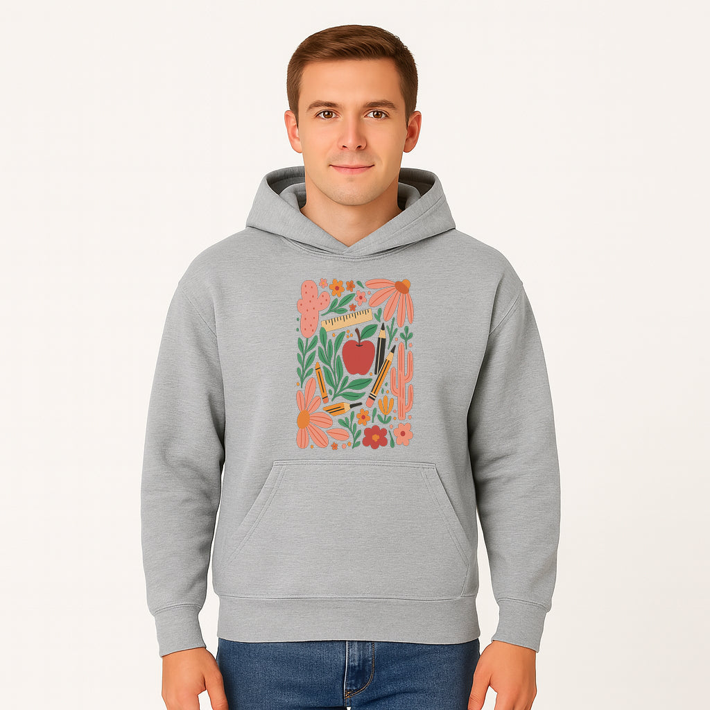 Back to School Art Print, Colorful Classroom Decor, Floral and Cactus Design, Apple, Pencils and Flowers, Nursery Wall Art - Hoodie 1758093362967.jpg