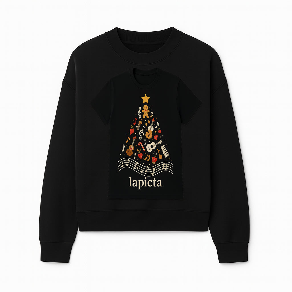 Music-Themed Christmas Tree T-Shirt, Musical Notes & Gingerbread Design, Holiday Apparel for Music Lovers, Casual Festive Tee - Sweatshirt 1758093363008.jpg