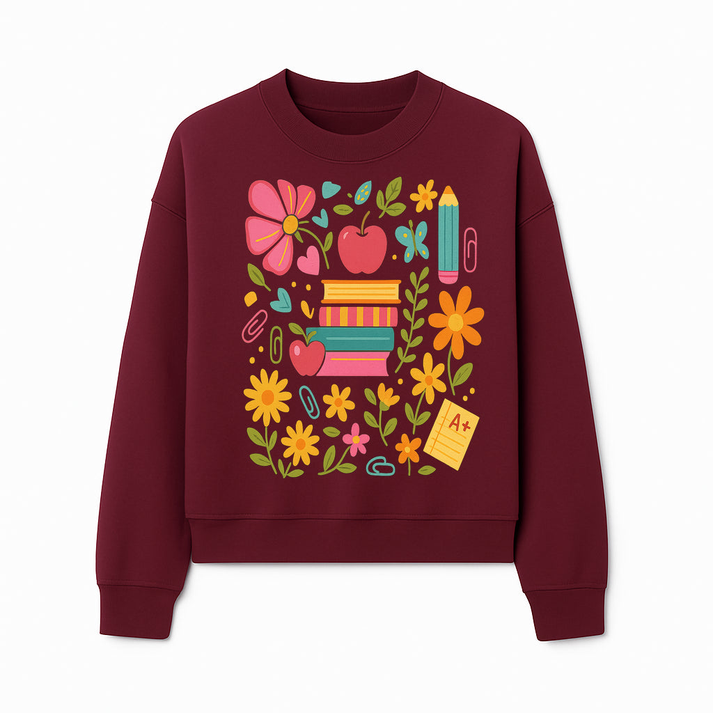 Colorful Back-to-School Illustration with Books, Flowers, and Apples, Perfect for Classroom Decor or Stationery - Sweatshirt 1758093363078.jpg
