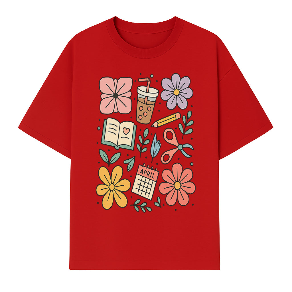 Colorful Spring Doodles Print - Flowers, Book, Scissors, Calendar - April Theme - Cute Stationery Decor - Wall Art for Home or Office - T-shirt 1758093363090.jpg