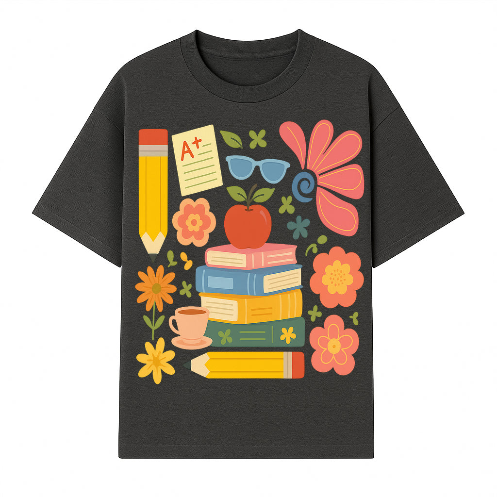Back to School Art Print - Colorful Books, Apple, Pencils, Flowers, A+ Note - Classroom Decor, Study Zone, Education Gift - T-shirt 1758093363108.jpg