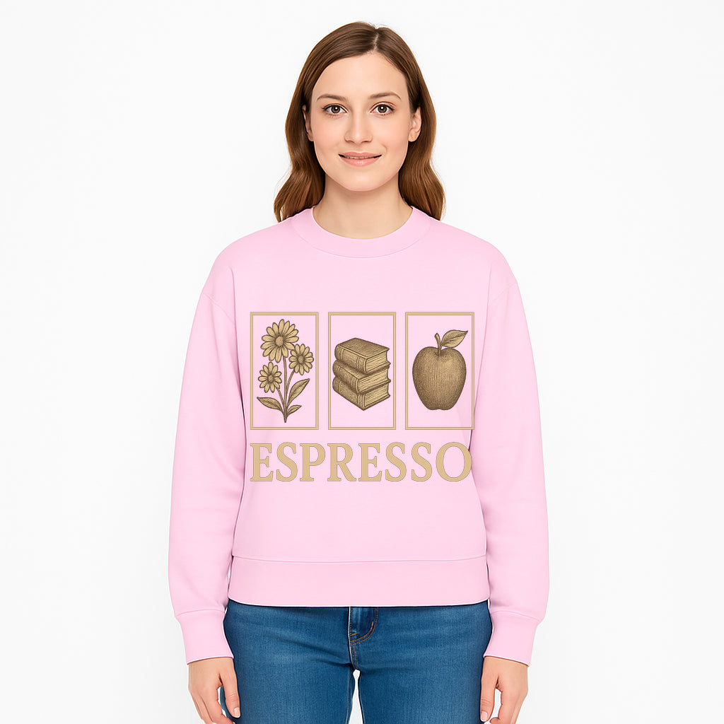 Vintage Espresso Art Print with Flowers, Books, and Apple - Cozy Home Decor for Coffee Lovers and Book Enthusiasts - Sweatshirt 1758093363122.jpg