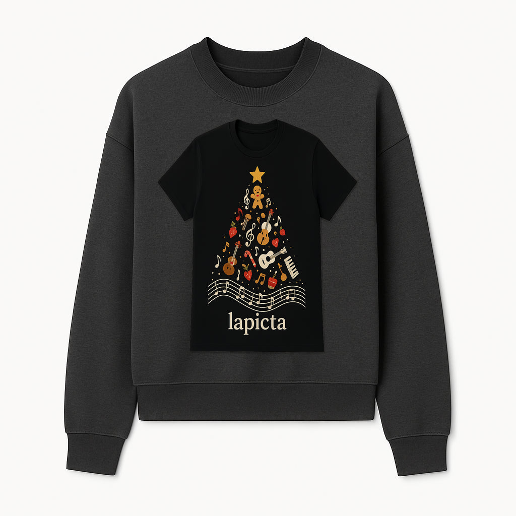 Music-Themed Christmas Tree T-Shirt, Musical Notes & Gingerbread Design, Holiday Apparel for Music Lovers, Casual Festive Tee - Sweatshirt 1758093363162.jpg