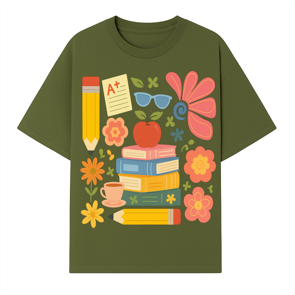Back to School Art Print - Colorful Books, Apple, Pencils, Flowers, A+ Note - Classroom Decor, Study Zone, Education Gift - T-shirt 1758093363263.jpg