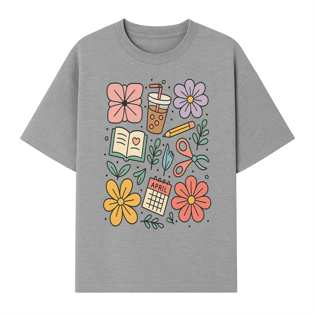 Colorful Spring Doodles Print - Flowers, Book, Scissors, Calendar - April Theme - Cute Stationery Decor - Wall Art for Home or Office - T-shirt 1758093363267.jpg