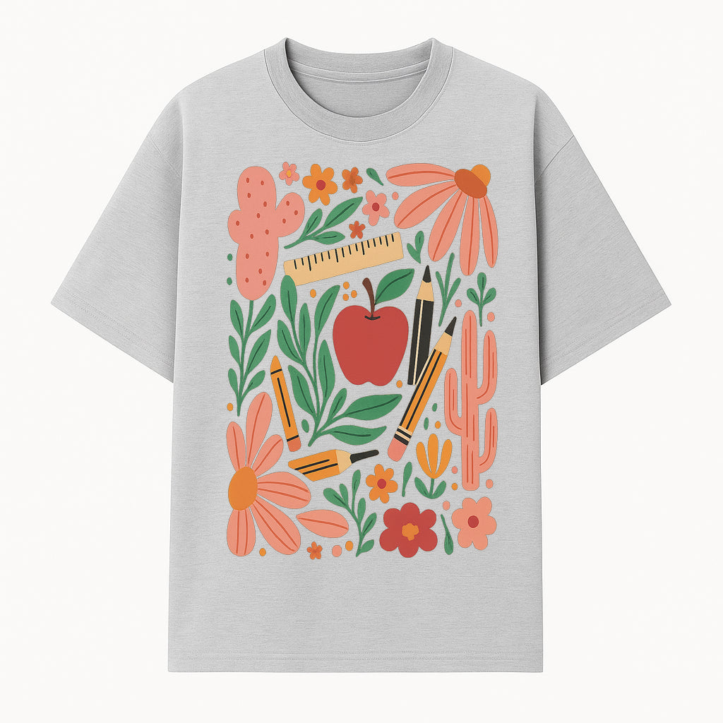Back to School Art Print, Colorful Classroom Decor, Floral and Cactus Design, Apple, Pencils and Flowers, Nursery Wall Art - T-shirt 1758093363326.jpg