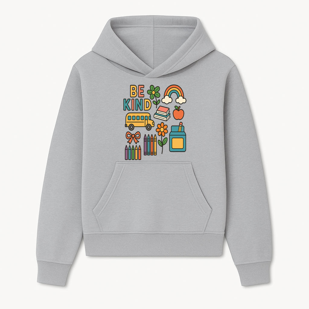Be Kind Back to School Art Print with Rainbow, Flower, Bus, Crayons, Books, Apple - Classroom Decor for Kids - Hoodie 1758093363326.jpg
