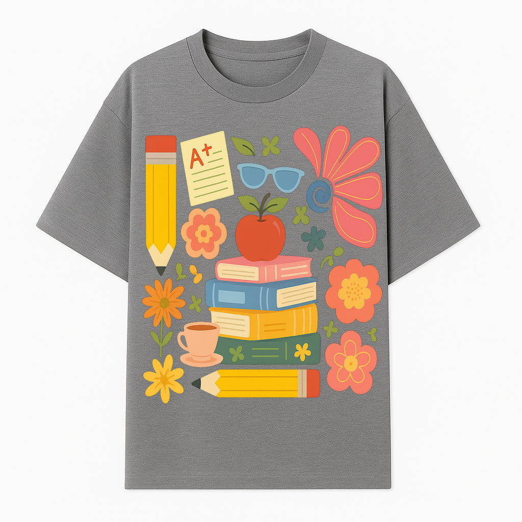 Back to School Art Print - Colorful Books, Apple, Pencils, Flowers, A+ Note - Classroom Decor, Study Zone, Education Gift - T-shirt 1758093363369.jpg