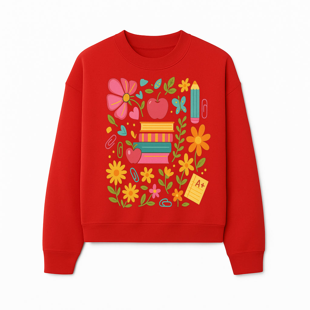 Colorful Back-to-School Illustration with Books, Flowers, and Apples, Perfect for Classroom Decor or Stationery - Sweatshirt 1758093363417.jpg