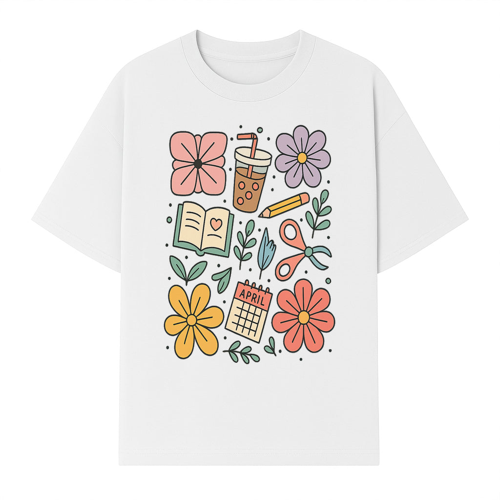 Colorful Spring Doodles Print - Flowers, Book, Scissors, Calendar - April Theme - Cute Stationery Decor - Wall Art for Home or Office - T-shirt 1758093363438.jpg