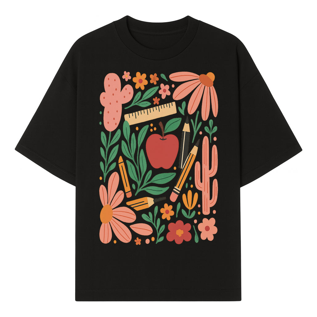 Back to School Art Print, Colorful Classroom Decor, Floral and Cactus Design, Apple, Pencils and Flowers, Nursery Wall Art - T-shirt 1758093363468.jpg