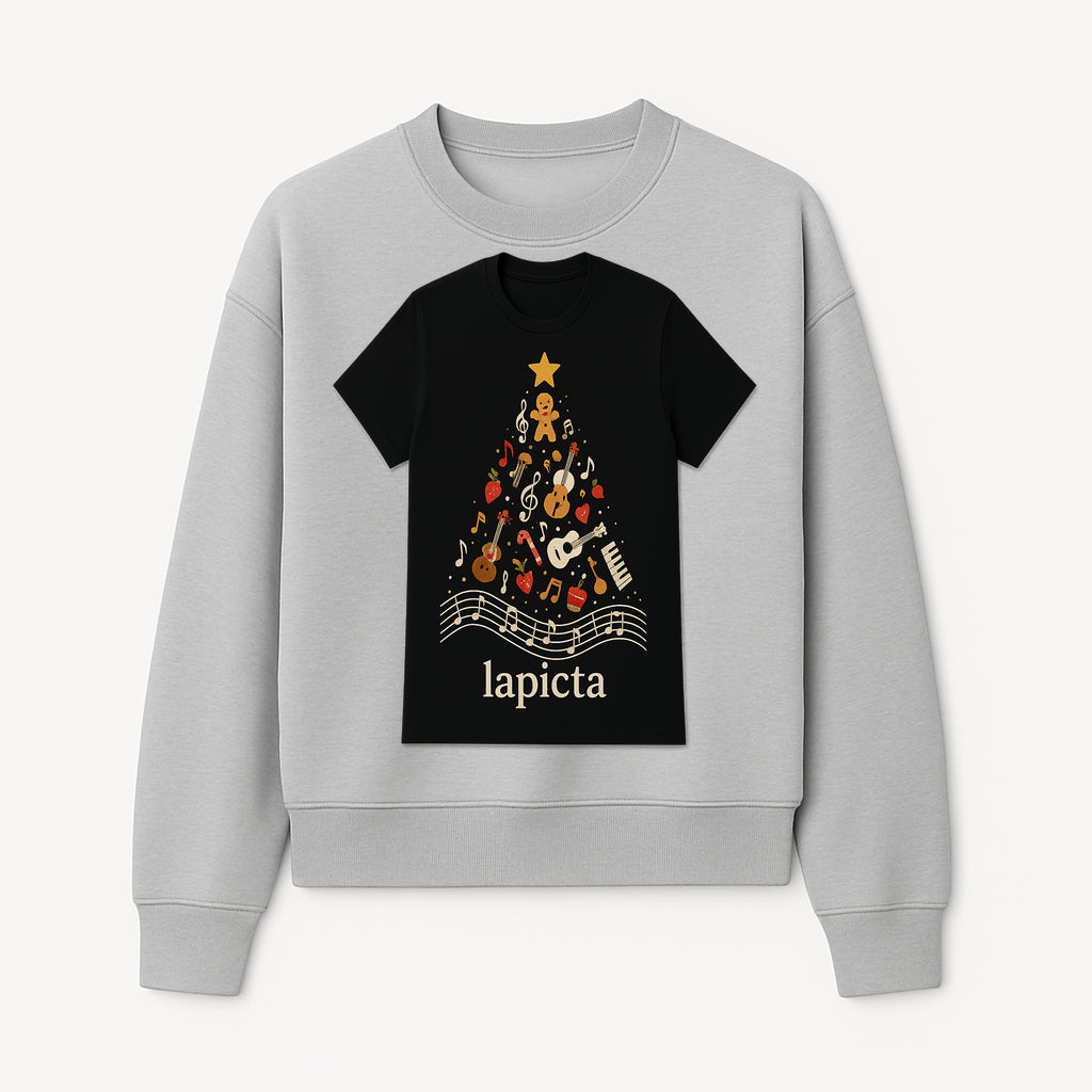 Music-Themed Christmas Tree T-Shirt, Musical Notes & Gingerbread Design, Holiday Apparel for Music Lovers, Casual Festive Tee - Sweatshirt 1758093363496.jpg