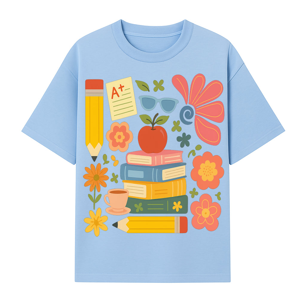 Back to School Art Print - Colorful Books, Apple, Pencils, Flowers, A+ Note - Classroom Decor, Study Zone, Education Gift - T-shirt 1758093363537.jpg