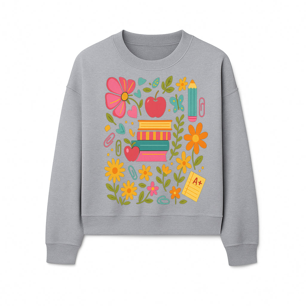 Colorful Back-to-School Illustration with Books, Flowers, and Apples, Perfect for Classroom Decor or Stationery - Sweatshirt 1758093363560.jpg