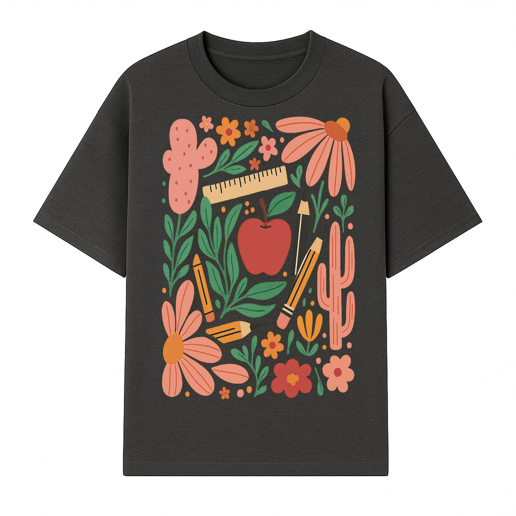 Back to School Art Print, Colorful Classroom Decor, Floral and Cactus Design, Apple, Pencils and Flowers, Nursery Wall Art - T-shirt 1758093363647.jpg