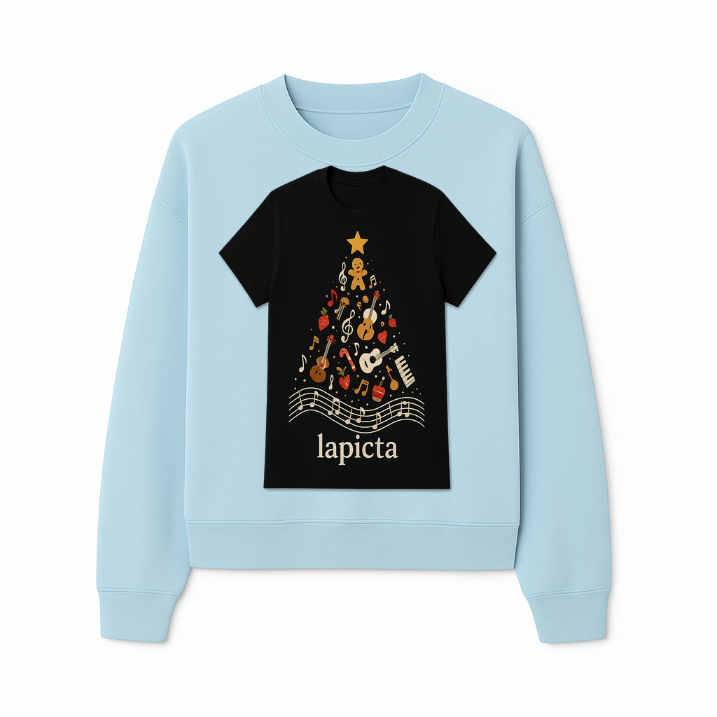 Music-Themed Christmas Tree T-Shirt, Musical Notes & Gingerbread Design, Holiday Apparel for Music Lovers, Casual Festive Tee - Sweatshirt 1758093363671.jpg