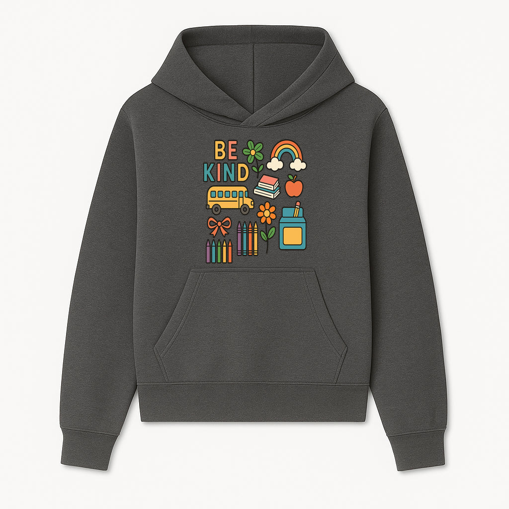 Be Kind Back to School Art Print with Rainbow, Flower, Bus, Crayons, Books, Apple - Classroom Decor for Kids - Hoodie 1758093363686.jpg