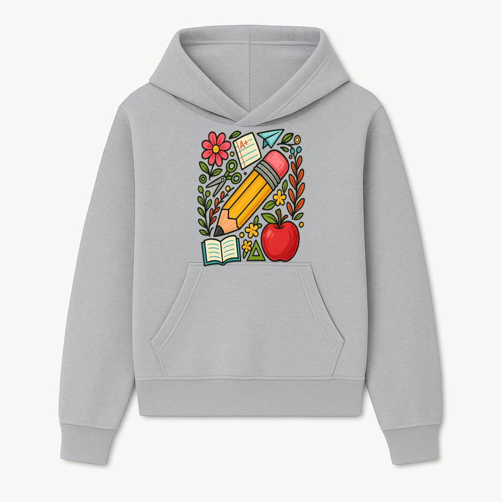 Colorful School Supplies Illustration Pencil, Apple, Flowers, Book and A+ Note Cute Educational Art Print for Classroom Decor - Hoodie 1758093363722.jpg
