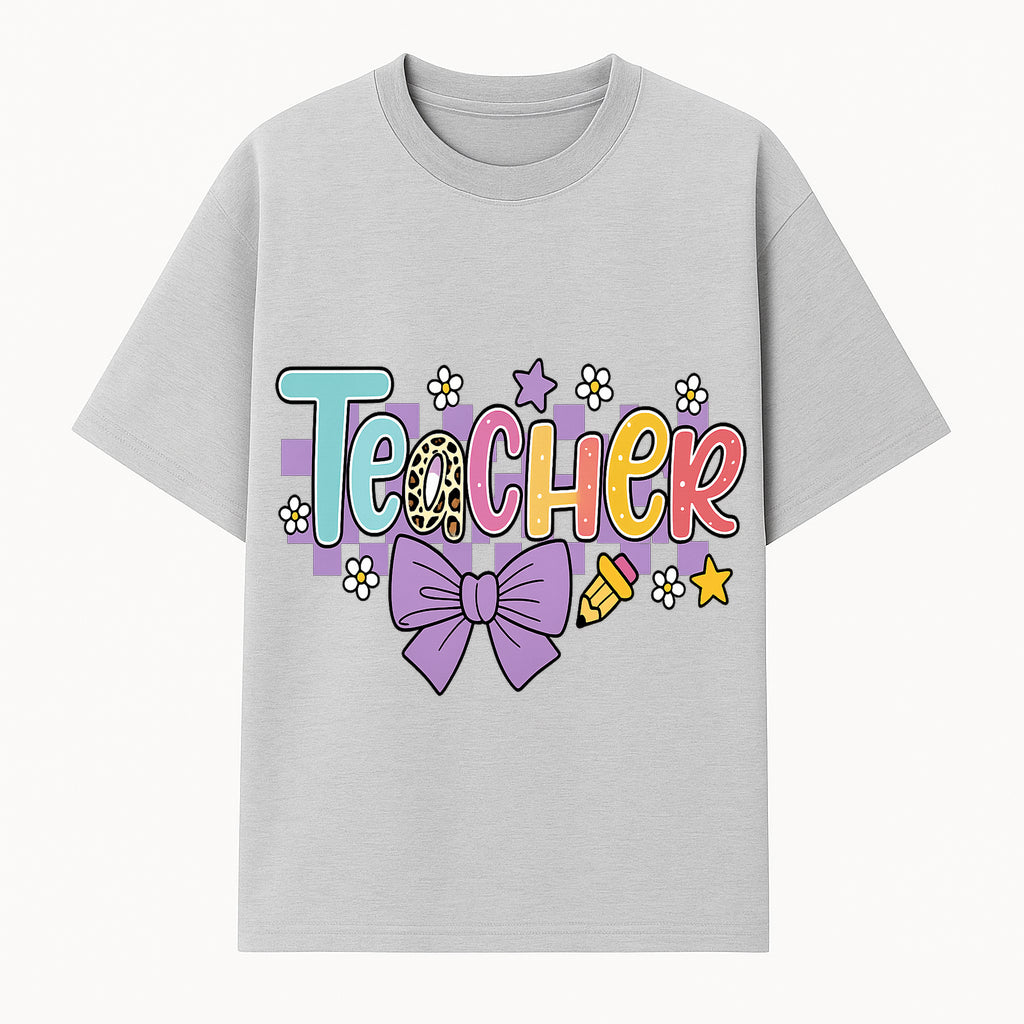 Colorful Teacher Design with Bow and Pencil - Cute Classroom Decor, Teacher Gifts, Back to School Supplies, Creative Educational Art - T-shirt 1758093363755.jpg