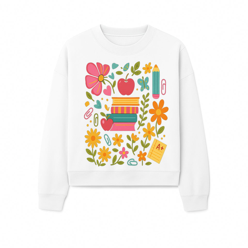 Colorful Back-to-School Illustration with Books, Flowers, and Apples, Perfect for Classroom Decor or Stationery - Sweatshirt 1758093363774.jpg