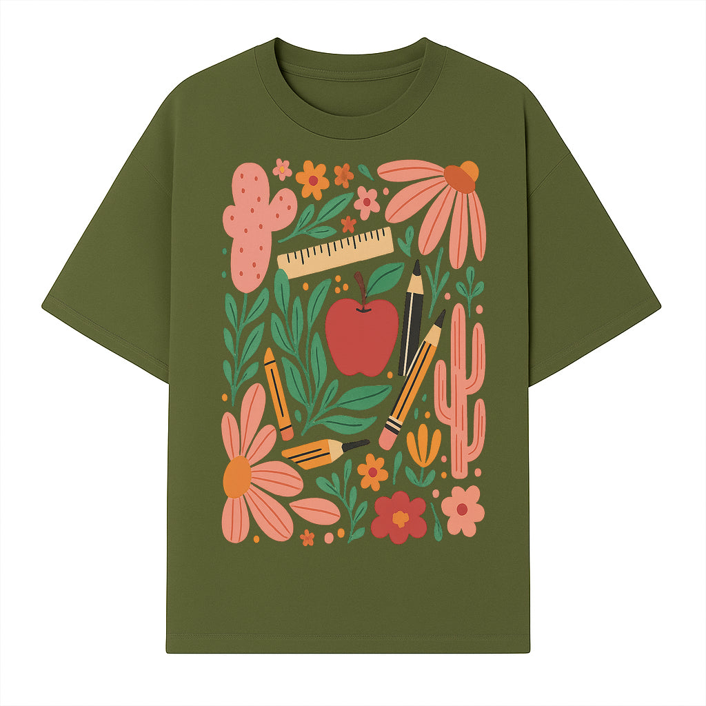 Back to School Art Print, Colorful Classroom Decor, Floral and Cactus Design, Apple, Pencils and Flowers, Nursery Wall Art - T-shirt 1758093363812.jpg