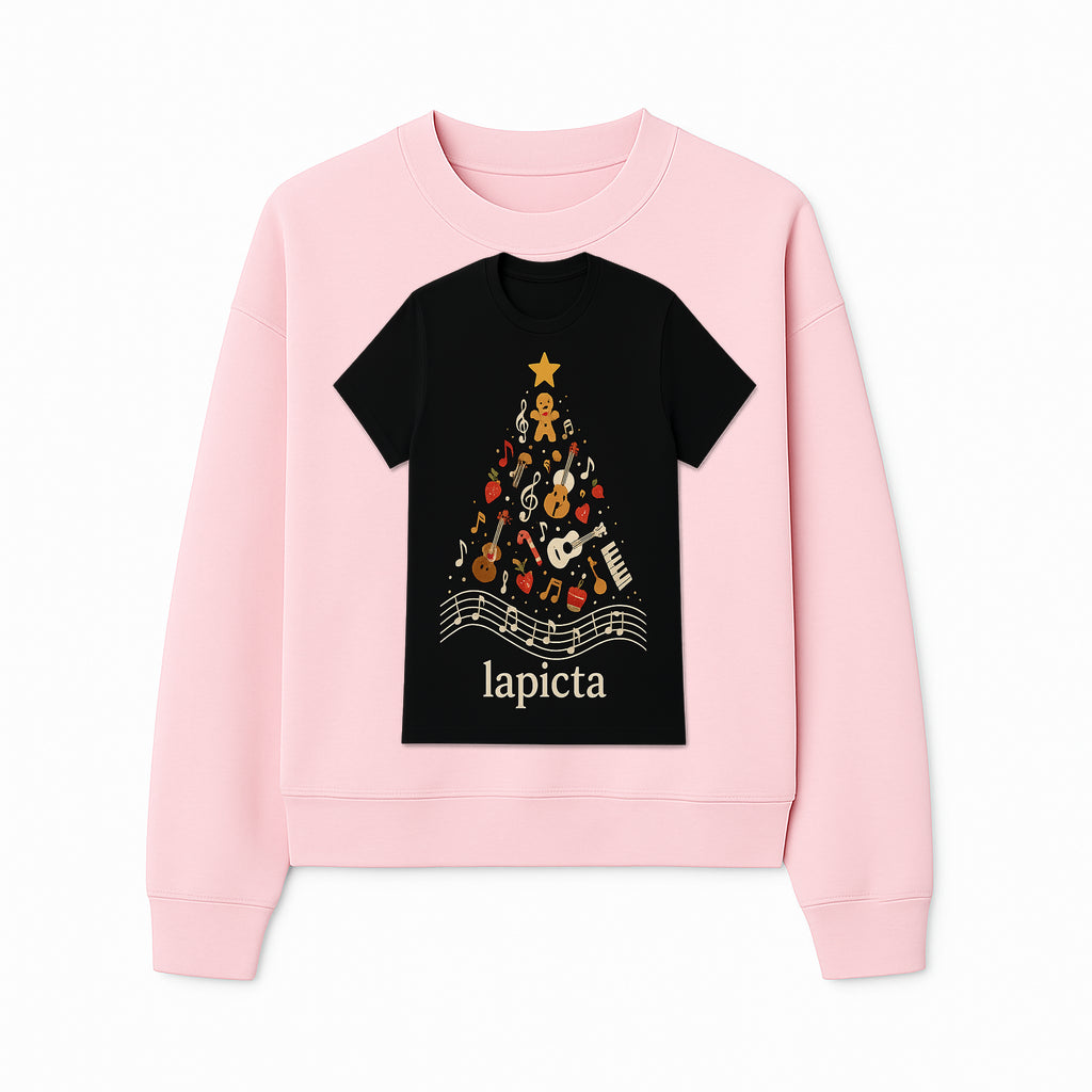 Music-Themed Christmas Tree T-Shirt, Musical Notes & Gingerbread Design, Holiday Apparel for Music Lovers, Casual Festive Tee - Sweatshirt 1758093363823.jpg