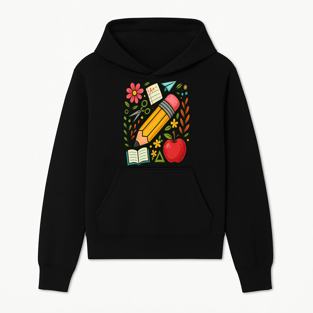 Colorful School Supplies Illustration Pencil, Apple, Flowers, Book and A+ Note Cute Educational Art Print for Classroom Decor - Hoodie 1758093363883.jpg