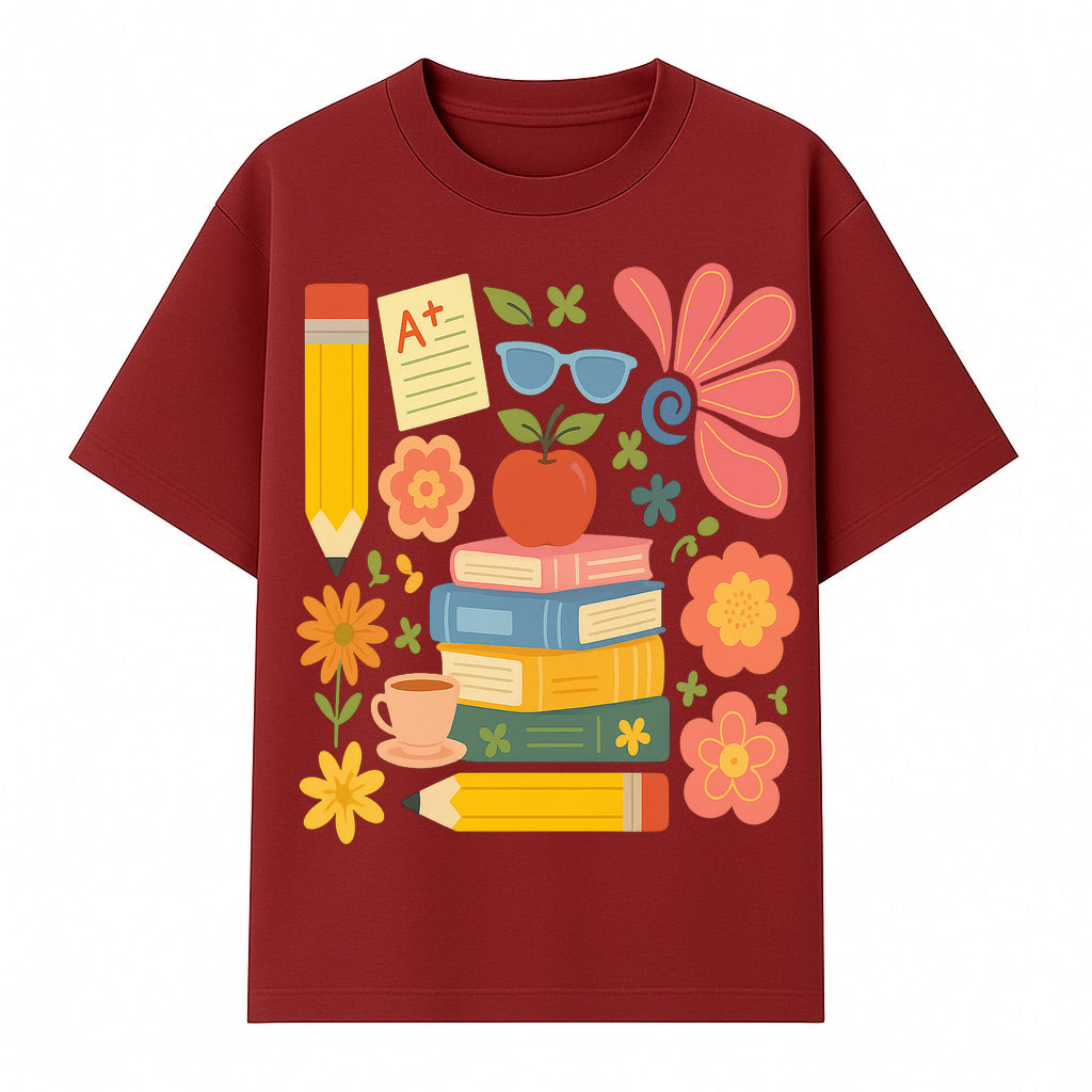 Back to School Art Print - Colorful Books, Apple, Pencils, Flowers, A+ Note - Classroom Decor, Study Zone, Education Gift - T-shirt 1758093363887.jpg