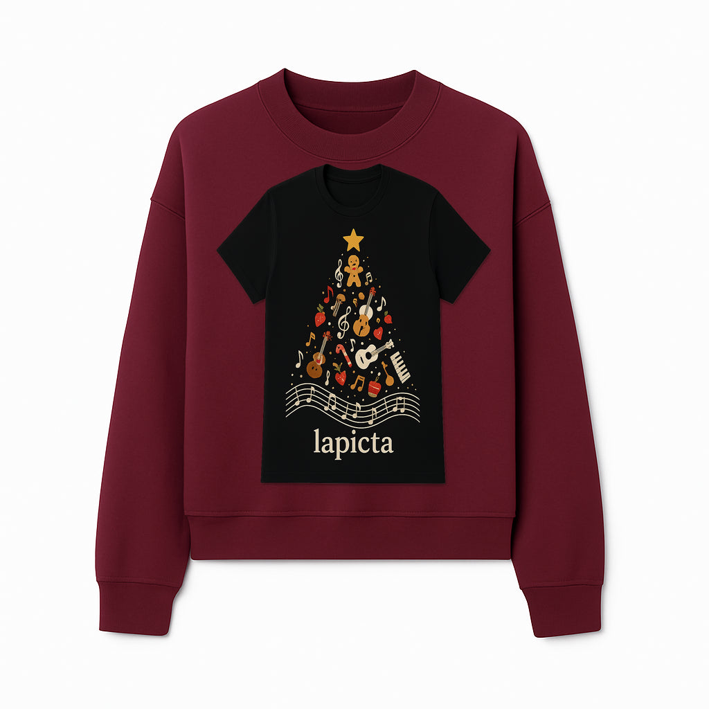 Music-Themed Christmas Tree T-Shirt, Musical Notes & Gingerbread Design, Holiday Apparel for Music Lovers, Casual Festive Tee - Sweatshirt 1758093363993.jpg