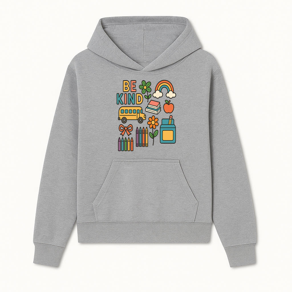 Be Kind Back to School Art Print with Rainbow, Flower, Bus, Crayons, Books, Apple - Classroom Decor for Kids - Hoodie 1758093364020.jpg