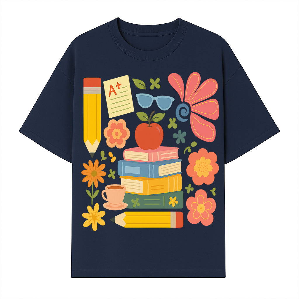 Back to School Art Print - Colorful Books, Apple, Pencils, Flowers, A+ Note - Classroom Decor, Study Zone, Education Gift - T-shirt 1758093364029.jpg