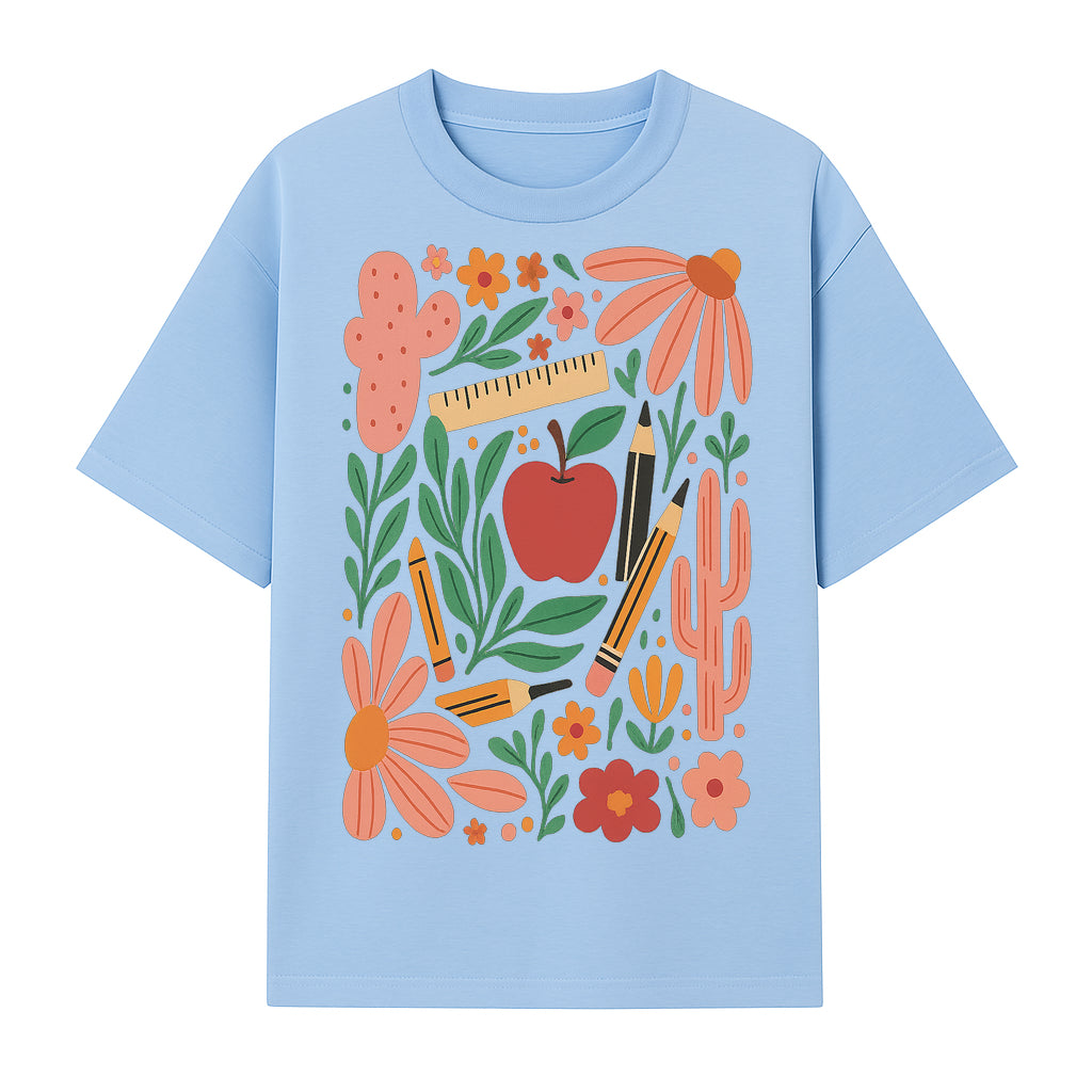 Back to School Art Print, Colorful Classroom Decor, Floral and Cactus Design, Apple, Pencils and Flowers, Nursery Wall Art - T-shirt 1758093364132.jpg