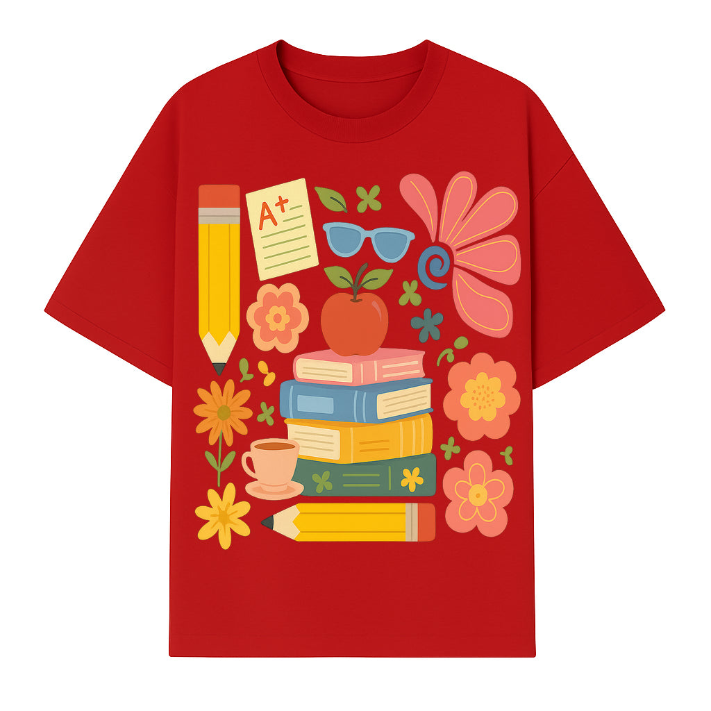 Back to School Art Print - Colorful Books, Apple, Pencils, Flowers, A+ Note - Classroom Decor, Study Zone, Education Gift - T-shirt 1758093364186.jpg