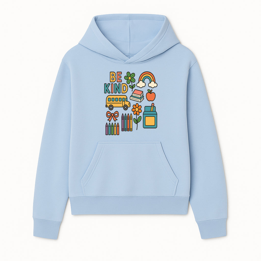 Be Kind Back to School Art Print with Rainbow, Flower, Bus, Crayons, Books, Apple - Classroom Decor for Kids - Hoodie 1758093364226.jpg