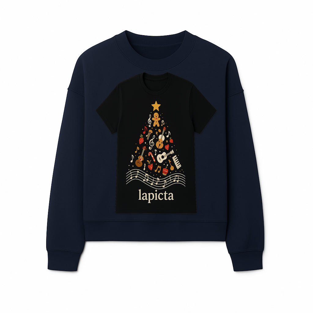 Music-Themed Christmas Tree T-Shirt, Musical Notes & Gingerbread Design, Holiday Apparel for Music Lovers, Casual Festive Tee - Sweatshirt 1758093364232.jpg