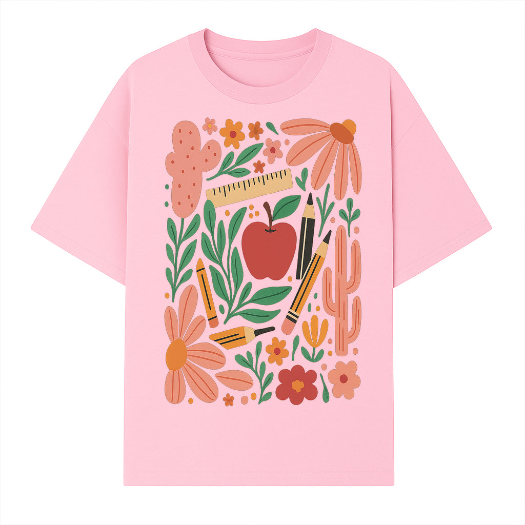 Back to School Art Print, Colorful Classroom Decor, Floral and Cactus Design, Apple, Pencils and Flowers, Nursery Wall Art - T-shirt 1758093364310.jpg