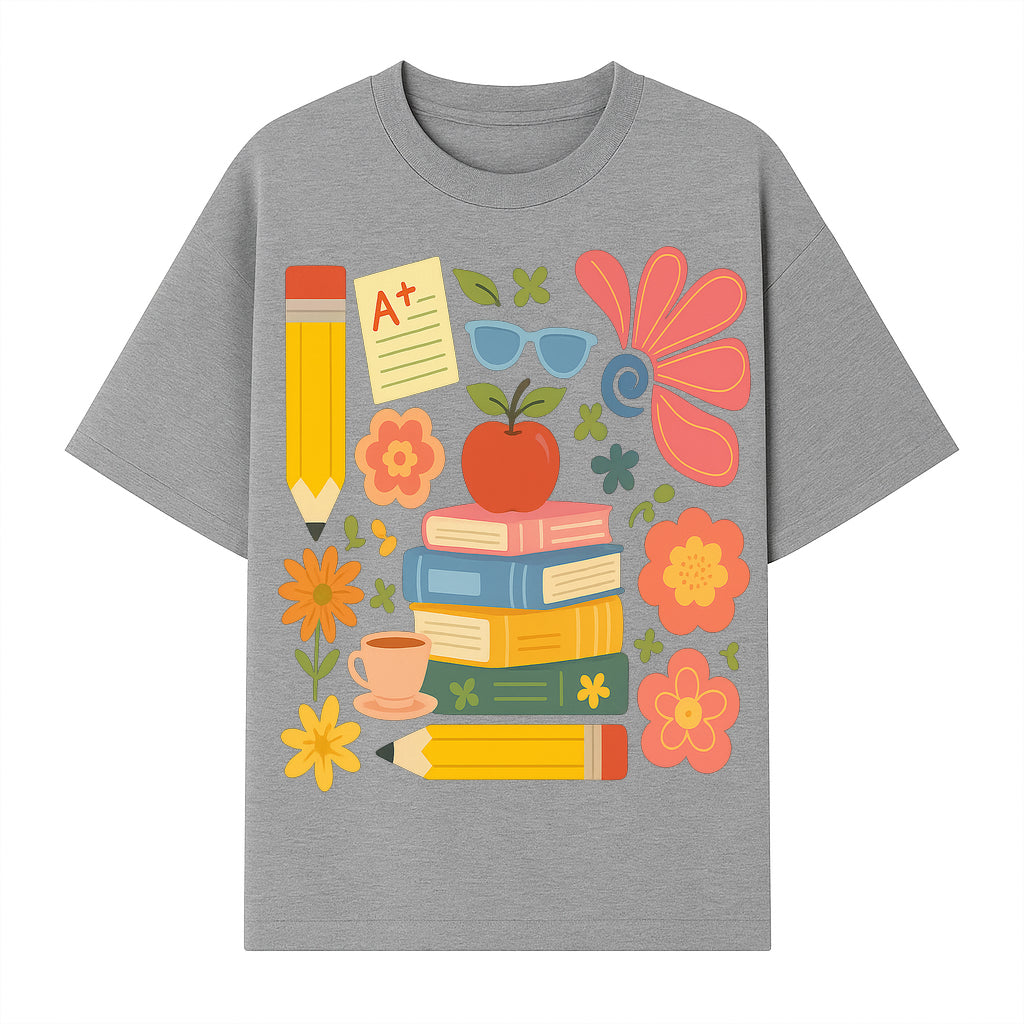 Back to School Art Print - Colorful Books, Apple, Pencils, Flowers, A+ Note - Classroom Decor, Study Zone, Education Gift - T-shirt 1758093364354.jpg